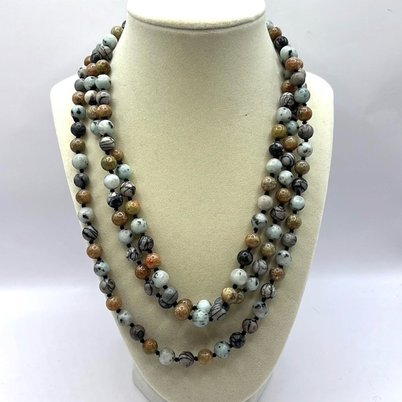 Elegant Multi-Color Beaded Necklace Kiwi Jasper Necklace 60 Inches Long Neutral - Picture 1 of 13